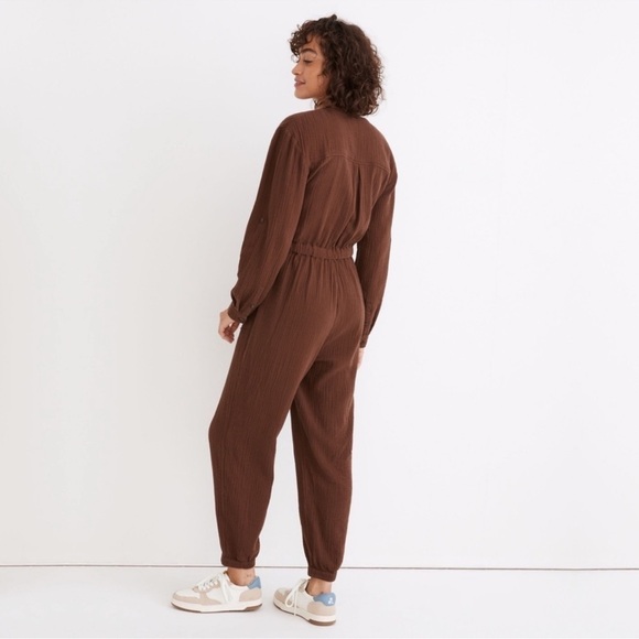 Madewell Lightspun Tapered-leg Double Gauze Jumpsuit In Cocoa Brown Size 10 New - Picture 2 of 10
